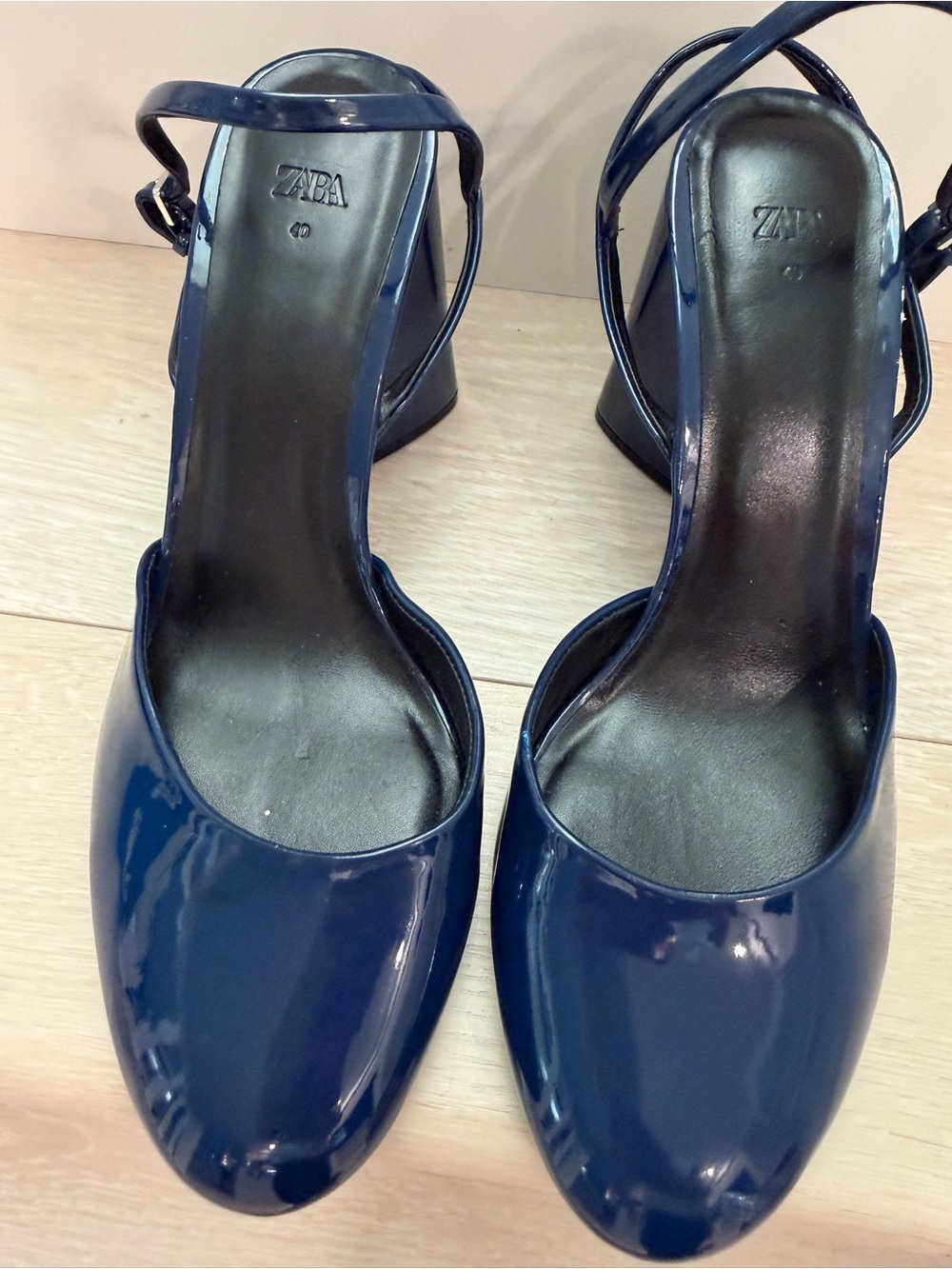 Zara Navy Patent Slingback Block Heels